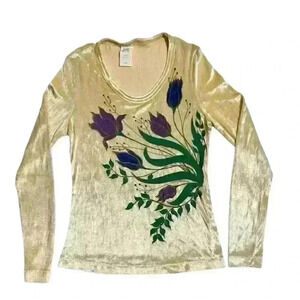 Vintage 70s Crushed Velvet Painterly Tulips Floral Long Sleeve Top Blouse Small
